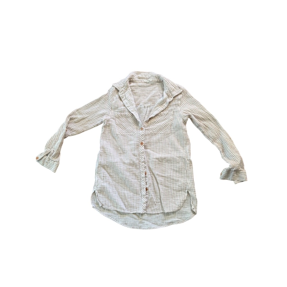 Maurices Tan White Striped Cotton Gauze Button Down Shirt Small High Low Hem
